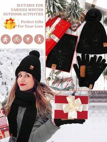 Halloween Decor Winter Beanie Hat Scarf Gloves Set, Fleece Lined Beanie Pom Long Scarf Neck Warmer Touchscreen Gloves Women Men - 黑色 - 查看 11