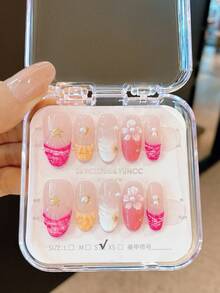 10Pcs/Set Summer Kawaii Short Round Press On Nails - Japanese Sweet Style Square Shape With Shell Accents, Beach Holiday Design, Internet Celebrity Viral Fake Nails For Back To School & July Nail Art Nail Supplies Nails - Multicolor - View 3