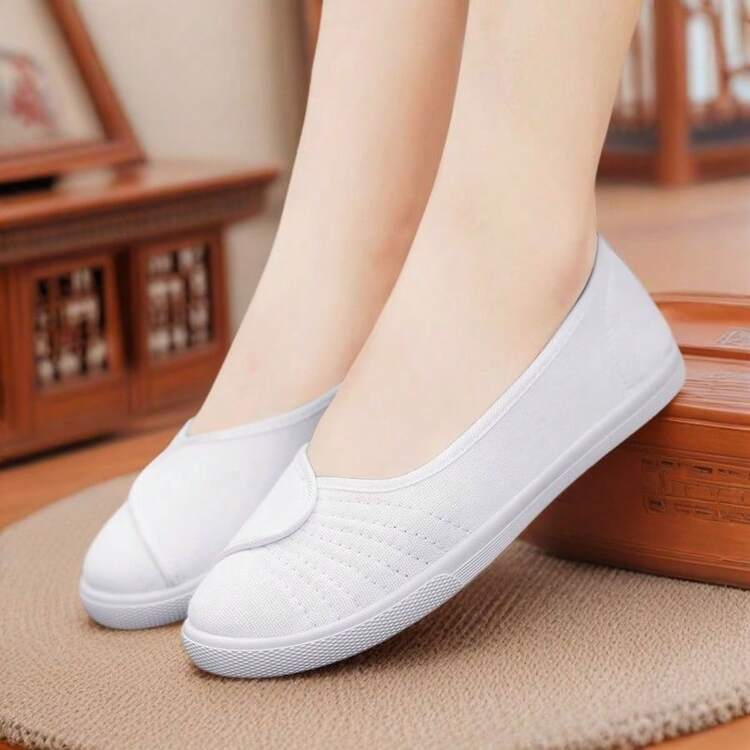 女士帆布鞋、平底运动鞋、休闲百搭工作鞋、户外鞋、护士鞋、轻便便鞋 - 白色 - 查看 1