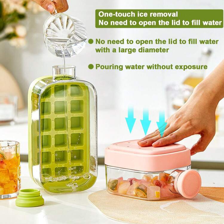 2-In-1 Ice Cube Bottle With Straw - Easy Press Ice Tray Water Bottle, Leak Proof Lid, Vertical Ice Maker, Easy To Clean, Easy To Use, 3-Hour Heat Preservation Drinking Cup, Portable Bottle For Freezer, Travel, Gym & Home Use, Kitchen Kitchenware Utensils - Olive Green - View 5