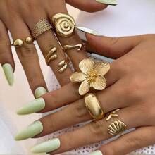 Women's Gold Bohemian Sea & Flower Multi - Piece Ring Set - Statement Jewelry