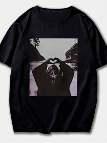 2025 Spring/Summer/Autumn Casual Minimalist Plus Size Women's Halloween Screaming Ghost Face Print T-Shirt With Heart Hand Gesture Design, Suitable For Spring, Summer, Autumn Outdoor Casual Wear