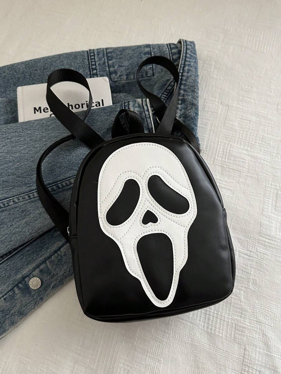 Y2K Fashion Skull Pattern Mini Backpack, Casual Multifunctional Shoulder Bag, Handbag, Suitable For Women Shopping, Halloween Gift, Halloween Bags Perfect For Fancy Party Matching With Halloween Costumes - Black - View 1