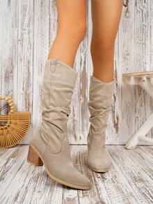 Damen Stiefel mit dickem Absatz in Bordeaux, minimalistische Overknee-Stiefel in Große Größen, modische vielseitige personalisierte Schlupfstiefel für Frühling & Herbst