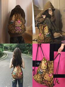 美式复古背包 2024 新款大容量抽绳豹纹背包多功能休闲包，学院风上学背包，便携旅行包，适合节日海滩度假用品，夏季旅行必备，适合前往医院、宿舍、学校、度假酒店，旅行必备物品。 - 彩色 - 查看 12