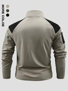 1 pieza Traje de rana con múltiples bolsillos para hombre, sudadera con cremallera de retazos para deportes al aire libre, pesca con cuello alto, parte superior con diseño de retazos destacado - Caqui - Ver 3