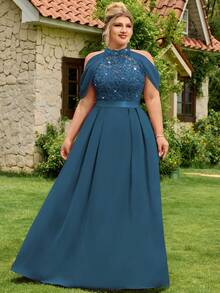 Plus Halter Neck Sequin Floral Lace Cutout Shoulder Cape Sleeve Contrast Chiffon Pleated Hem Formal Party Dress Prom Wedding Guest Gown, For Graduation, Dinner - Màu xanh bụi bặm - Xem 5