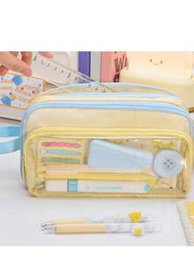 Large Size Japanese Style Canvas Pencil Case With Transparent Window - Essential For Daily Office Use - Multicolor - View 2
