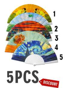 印有梵高、克里姆特名作的手持扇，采用精美面料制成，适合派对使用 - 星空 - 查看 10