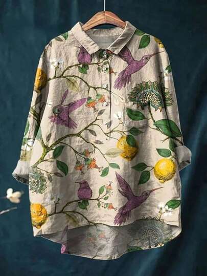 加大码蜂鸟印花长袖衬衫领上衣，前短后长下摆，纽扣细节设计，春假必备