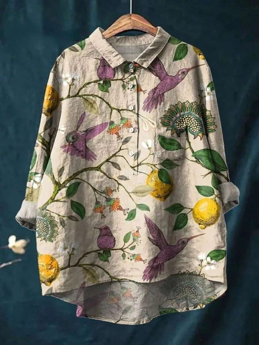 Camisa de manga larga con estampado de colibrí, cuello de camisa, parte delantera corta y parte trasera larga, diseño con botones, ideal para vacaciones de primavera en tallas grandes - Albaricoque - Ver 1
