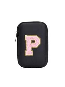 便携式 CCD 相机保护套，粉色字母 A-Z 毛巾刺绣，紧凑设计，防水材质，非常适合户外摄影爱好者和旅行者充电器盒，办公室必备数码包电缆相机包电子数据线整理器存储，钱包式移动电源盖旅行相机包，女士男士礼物，教师必备用品，防水轻便大容量便携式配件，适合暑假旅行，户外活动旅行必需品