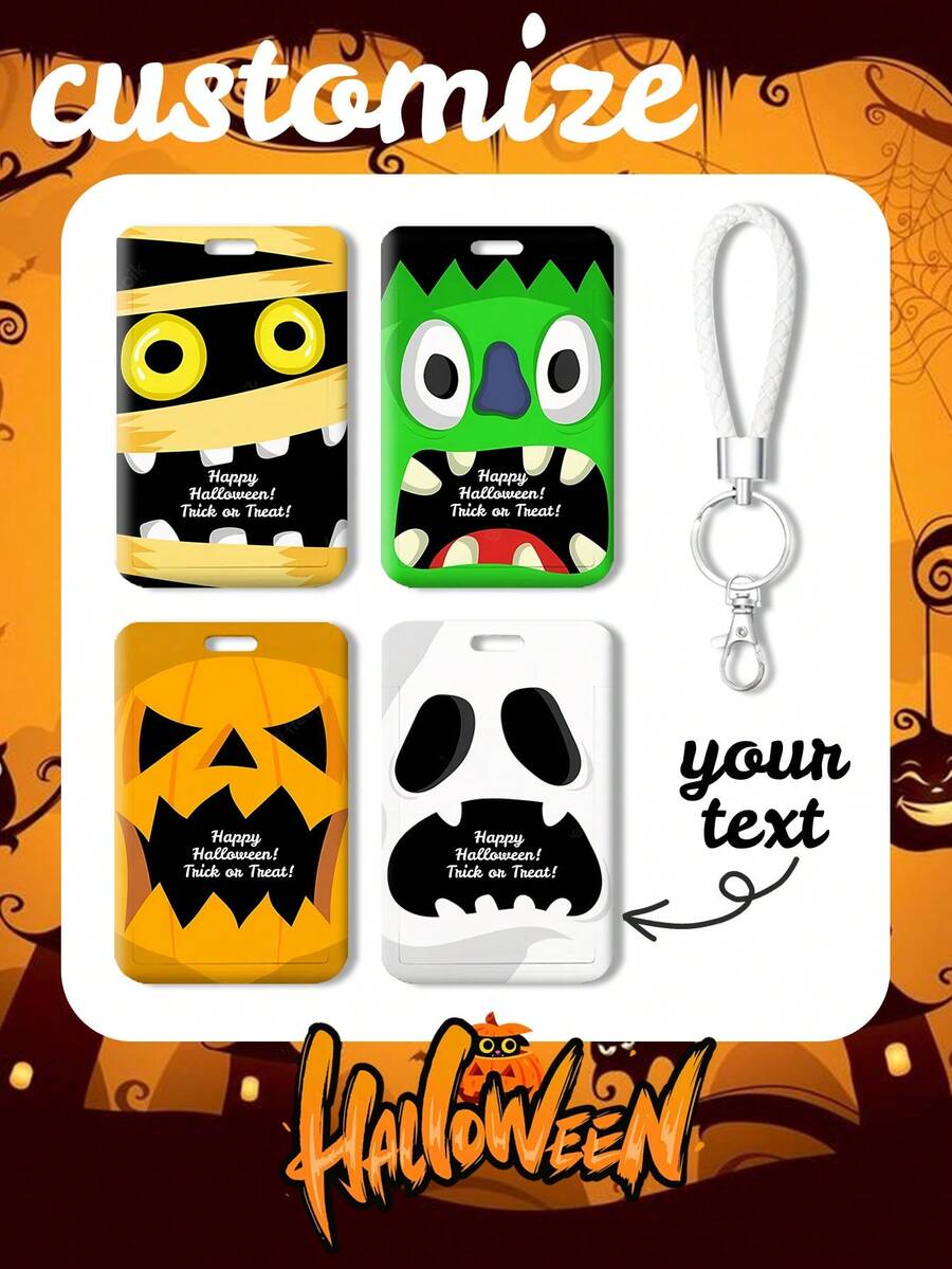 1pc Customized Vertical Card Holder With Halloween-Themed Double-Sided Graphic, White Card Case, Student/Kids Gift, DIY Card Holder, Personalized Card Holder, Couple Card Holder, Customized Gift, Customized Work/Campus Card Holder, Student Card Holder, Customized Bus Card Holder, Free White Leather Keychain