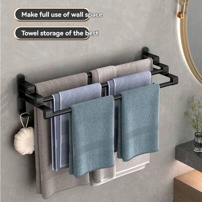1pc Quick-Drying Towel Bar 2/3-Tier Shelf Easy To Install Large Wall-Mounted Rust-Proof For Bathroom Black Towel Bar