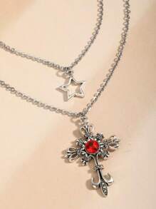 2pcs Gothic Punk Style Star, Rhinestone Cross & Heart Pendant Necklaces, Layered Wear, Elegant & Fashionable Jewelry For Women - Silver - View 6