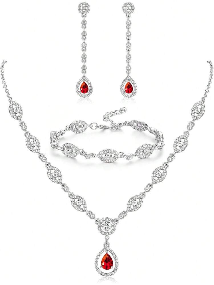 Milacolato Wedding Bridal Jewelry Set For Women Silver Prom Costume Jewelry Sets Rhinestone Crystal Teardrop Necklace Earrings Bracelet Bridesmaid Jewelry Accessories Blue Silver Red Rose Gold - 彩色 - 查看 8