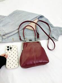 1个复古仿皮斜挎包，女士复古风吻锁迷你手提包，配有可调节肩带，纯色轻便都市手提包，涤纶衬里，男女通用 - 酒紅色 - 查看 8