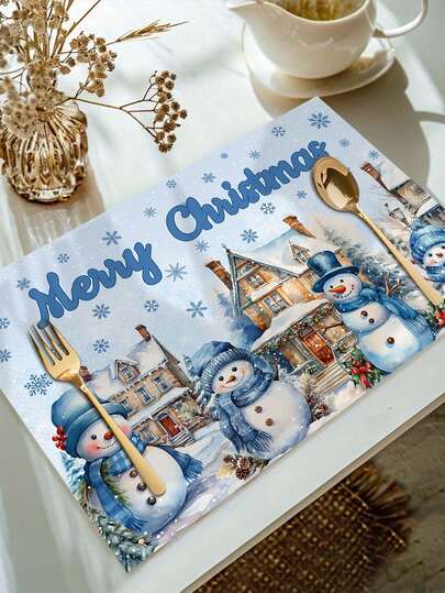 1/2/4/600Pcs Christmas Snowman Theme Placemats, Vintage Style Christmas Snowman House Snow Scene Design Placemats, Merry Christmas, Polyester Placemats, Suitable For Christmas Table Decor, Christmas Party Gathering Home Decoration. 30x45cm.