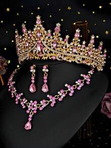 1 Set Bridal Accessories - Red Rhinestone Decor Crown, Necklace, Earrings (4pcs), Wedding Jewelry Set, Suitable For Wedding Dress, Gown, Gold Gala, Wedding Party - Pink - View 7