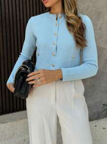 MORI 秋冬新款蓝色圆领纽扣针织毛衣女式户外上衣，时尚简约休闲温柔优雅长袖毛衣秋季女装新年款 - 藍色 - 查看 3