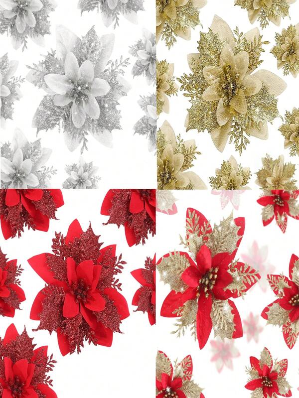 10 Stücke künstliche Weihnachtsblumen, rote glitzernde Weihnachtsdekoration, künstliche Weihnachtsbaum Blumen mit Stielen für DIY Weihnachtskränze, Feiertags-Party Dekoration