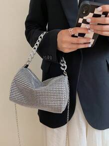 Shiny Rhinestone Hollow Metal Chain Decor Zipper Closure Women's Shoulder Bag