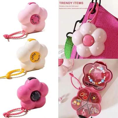 创意花卉收纳盒吊坠带分隔珠宝盒塑料多巴胺整理盒戒指便携密封多功能便携式药盒，多巴胺风药片迷你花卉收纳盒