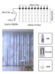 1 件 LED 铜线窗帘灯串 3*1 米 /3*2 米 /3*3 米 USB 遥控器带挂钩房间装饰灯氛围彩色灯串，情人节氛围装饰，适用于家庭、派对、节日、婚礼、生日、乡村、节日、季节性装饰、新年、春节 - 白色 - 查看 16
