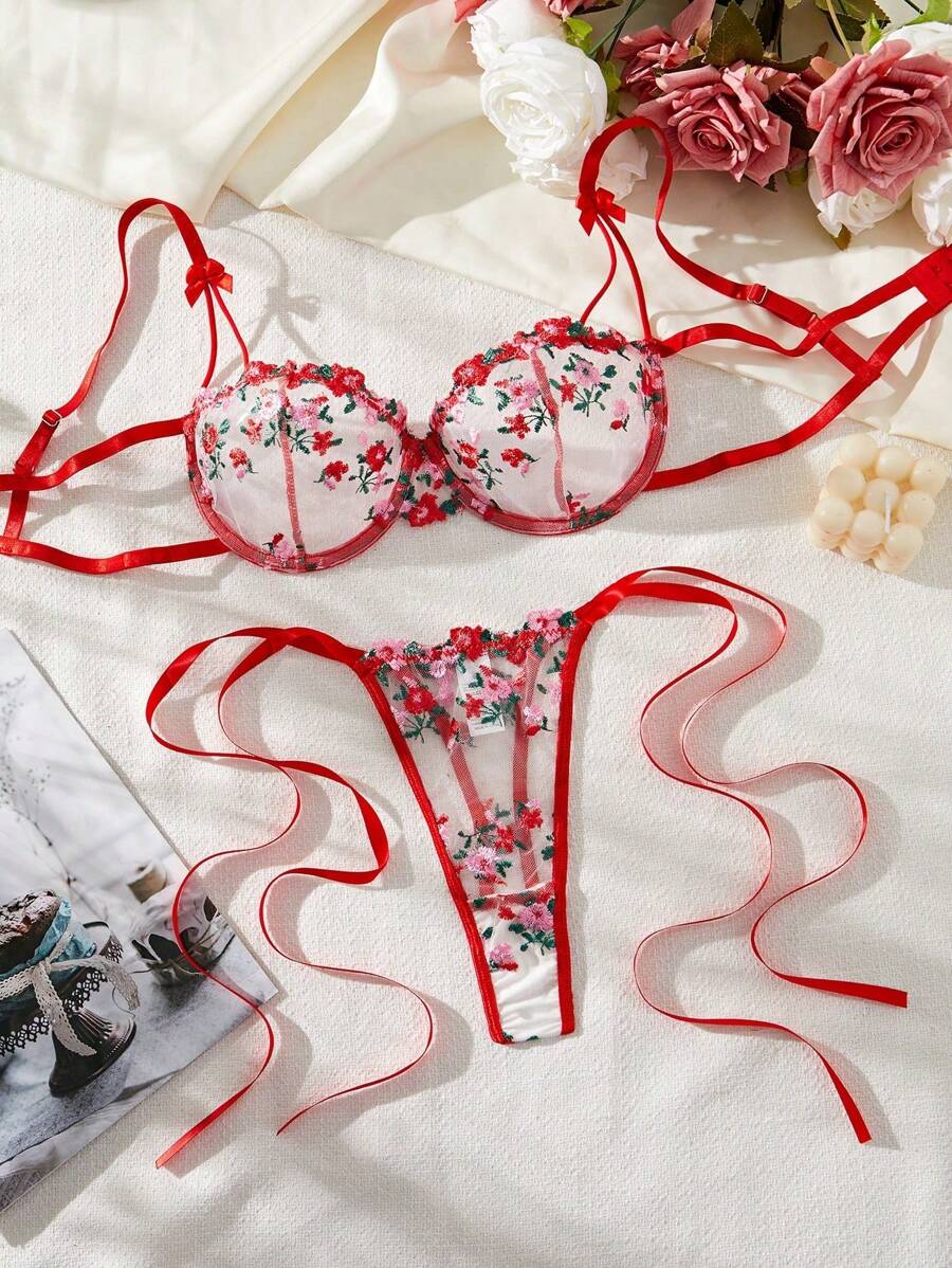 Floral Embroidery Mesh Sexy Lingerie Set, Rave - Red - View 1