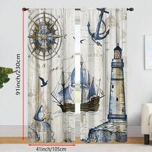 2PCS Antique Marine Theme T Curtain Panels-2pcs Marine Sailboat, Seagull, Lighthouse And Compass Printed On Wood Grain Background-Rod Pocket Polyester Curtain For Living Room, Bedroom, Kitchen-Machine Washable - Multicolor - View 8