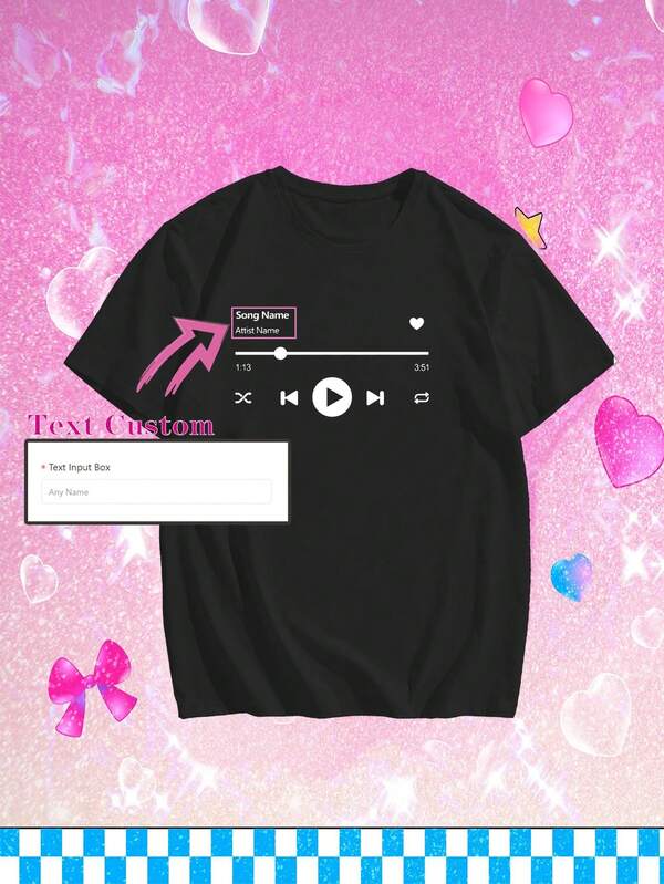 Camiseta de manga corta con cuello redondo informal con estampado de reproductor de música personalizado para mujer de talla grande