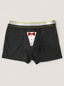 Men's Black Fashionable Printed Pattern Boxer Briefs, Elastic Underwear For Daily Wear - Black - View 2