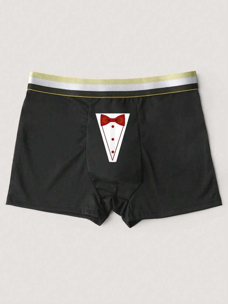 Men's Black Fashionable Printed Pattern Boxer Briefs, Elastic Underwear For Daily Wear - Black - View 2