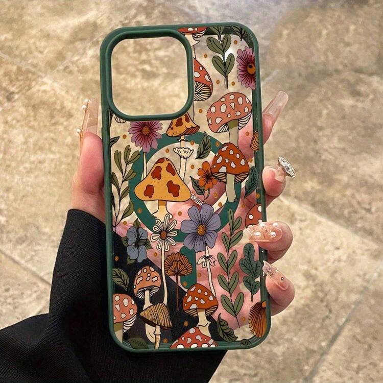 Funda protectora para teléfono de silicona transparente, a prueba de golpes, no amarillenta, con un marco de color y diseño de setas forestales magnéticas, adecuada como regalo para 16 Pro Max, 16e, 15 Plus, 14, 13, 12, 11, XS Max, XR, X - Verde - Añade 30