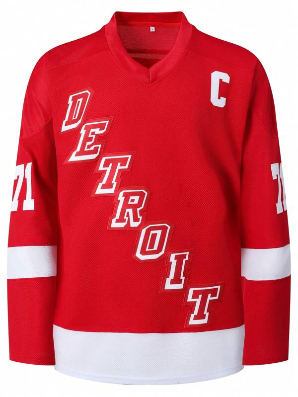 Atonmore Maglietta da hockey su ghiaccio rossa n.71 da uomo, sportiva casual, con ricami e cuciture, manica lunga