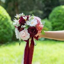 Dusty Blue Wedding Bouquets For Bride Bridesmaid, White Wedding Artificial Roses Flowers For Wedding Bouquets Ceremony, Anniversary - Burgundy & Blush - View 6