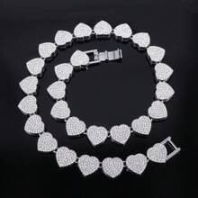 2pcs Crystal Inlaid Heart Shaped Chain Necklace And Bracelet Set, Women's Elegant Hip Hop Cuban Link Chain Diamond Heart Necklace, Shiny Party Jewelry, Suitable For Women, Daily And Special Occasions, Christmas Gift, Multiple Sizes Available