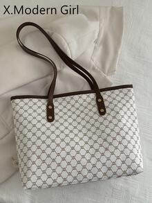 新款复古花卉印花女士托特包，大容量超轻铆钉装饰，适合通勤、购物、办公室、大学 - 白色 - 查看 2