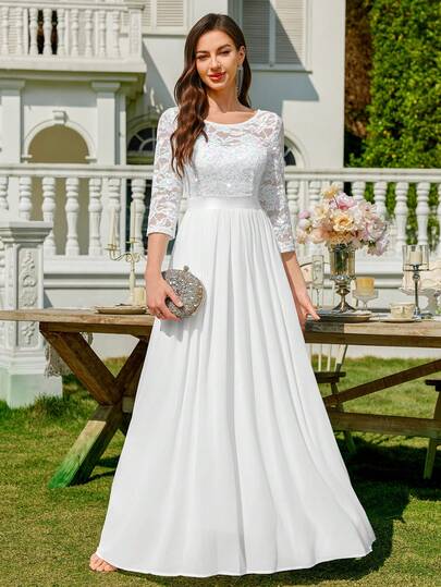 MIUSOL Elegant Sequin Floral Lace 3/4 Sleeve Ruffle Chiffon Formal Party Maxi Dress, For Valentine's Day