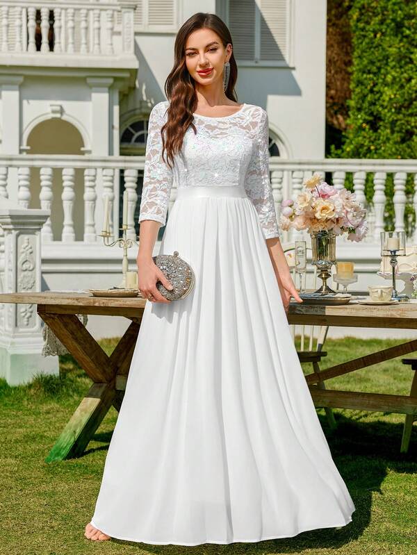 MIUSOL Elegant Sequin Floral Lace 3/4 Sleeve Ruffle Chiffon Formal Party Maxi Dress