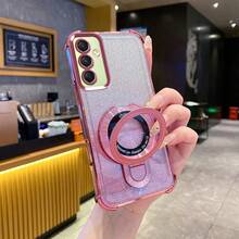 透明时尚电镀减震气囊手机壳，带磁性金属支架和手机盖，防水防摔防刮 - 粉色 - 查看 2