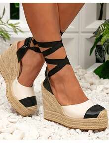 Sandali con zeppa casual da donna, con tomaia intrecciata e suola spessa, chiusi con punta, bicolore, con lacci, suola platform traspirante e suola spessa, adatti per casual, vacanze, feste, spiaggia