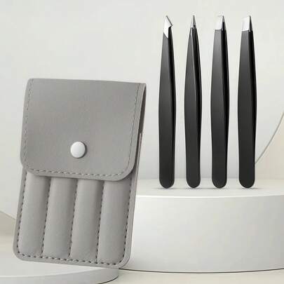 Stainless Steel Precision Eyebrow Tweezers Four Piece Set, Black Portable Eyebrow Set, Hair Removal Beard And Eyebrow Tweezers Beauty Tool