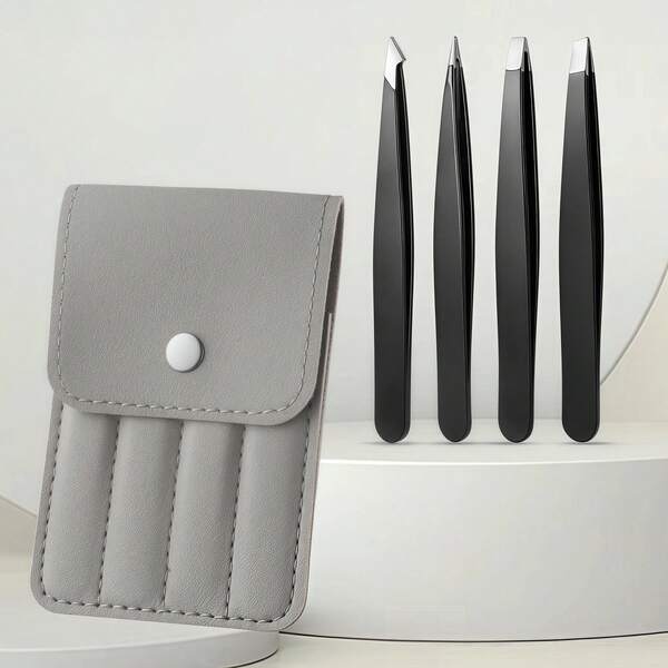 Juego de 4 pinzas de precisión para cejas de acero inoxidable, set portátil negro para cejas, pinzas para el vello facial y las cejas, herramienta de belleza