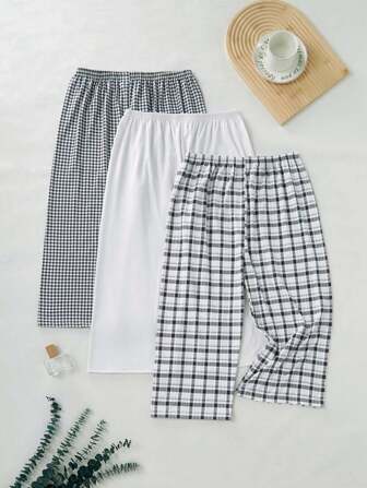 3pcs Set Women Striped, Plaid Print Cropped Mid-Length Pajama Pants, Comfortable & Soft, Suitable For All Seasons