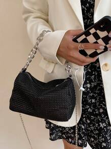 Shiny Rhinestone Hollow Metal Chain Decor Zipper Closure Women's Shoulder Bag