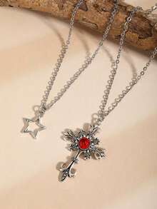 2pcs Gothic Punk Style Star, Rhinestone Cross & Heart Pendant Necklaces, Layered Wear, Elegant & Fashionable Jewelry For Women - Silver - View 3