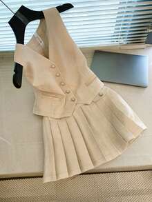 Bộ áo vest blazer thanh lịch kiểu dáng ngàn đồng xu và chân váy xếp ly chữ A cho nữ mùa xuân/hè - Màu be - Xem 3