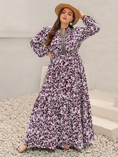 Rusttydustty Plus Size Women's Vacation Style Printed Ribbon Patchwork Flowy A-Line Long Sleeve Dress