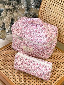 1个花卉印花多功能化妆包，万圣节不给糖就捣蛋主题，时尚休闲大容量拉链化妆包，旅行文具收纳包，度假必备，化妆包，旅行必备 - 淺粉色 - 查看 5